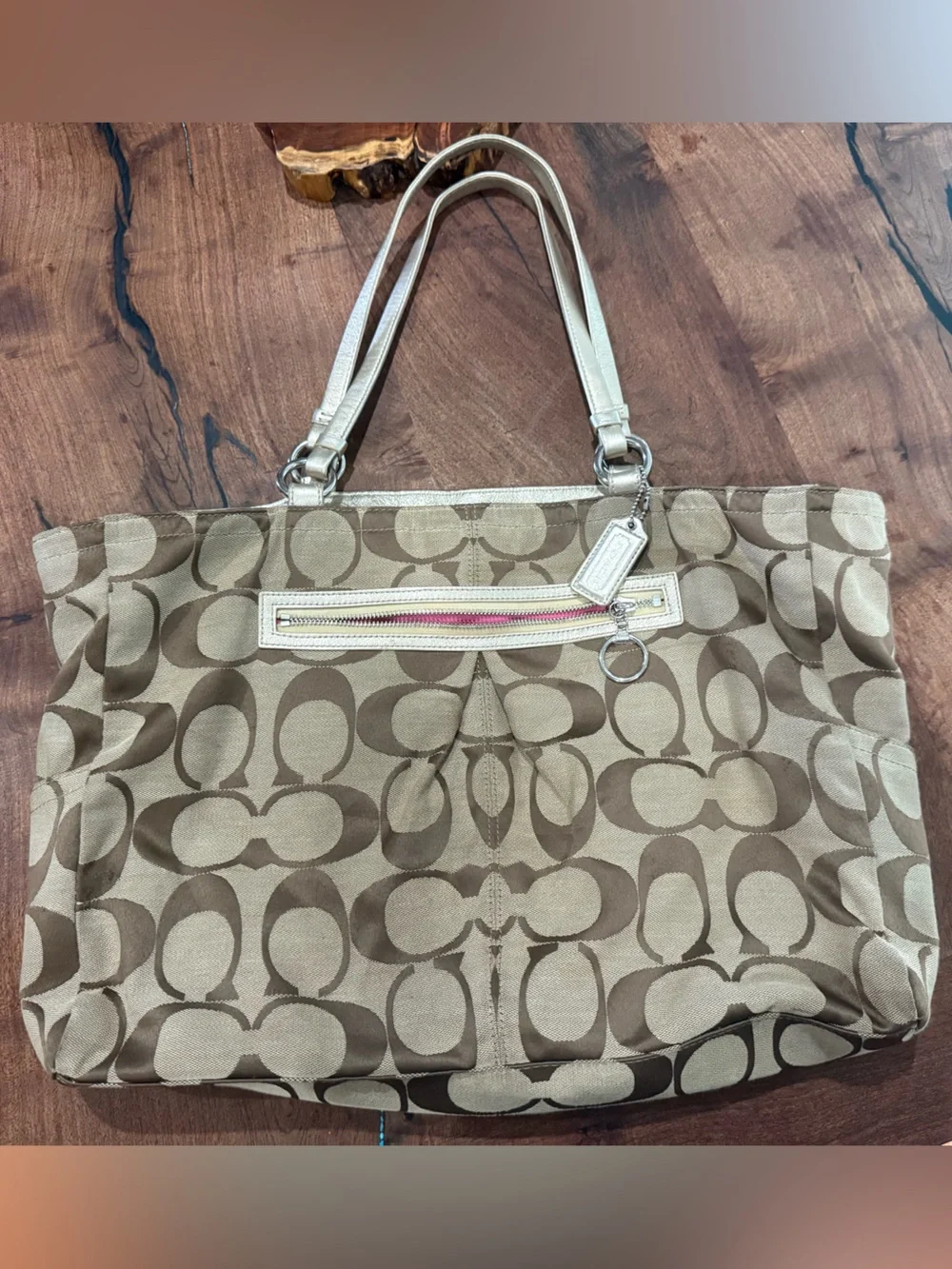 Coach Khaki and Brown Signature Canvas Tote with Leather Trim